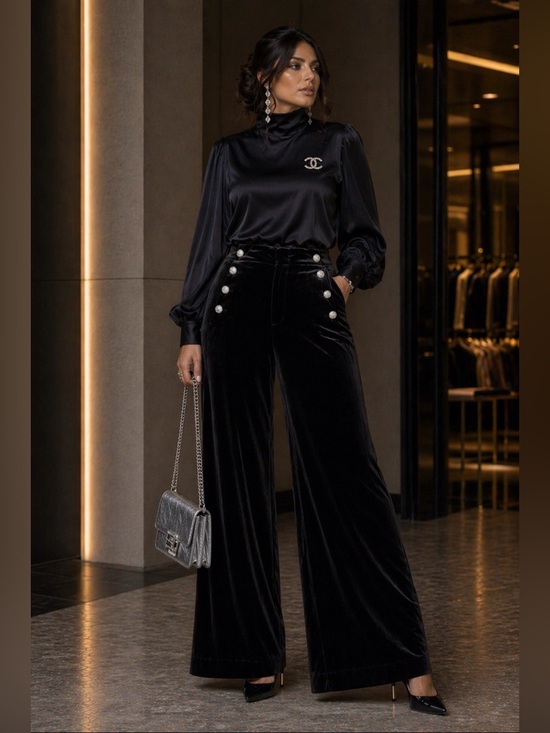 Karl Lagerfeld Jackets & Blazers - Karl Lagerfeld Velvet Pants Women's Size 12 Black Wide Leg Rhinestone Detail.